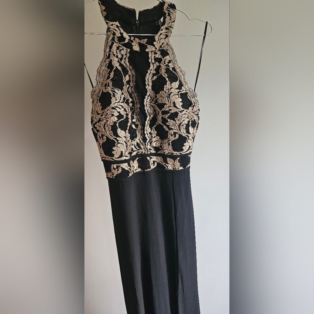 Long black gold David's bridal dress